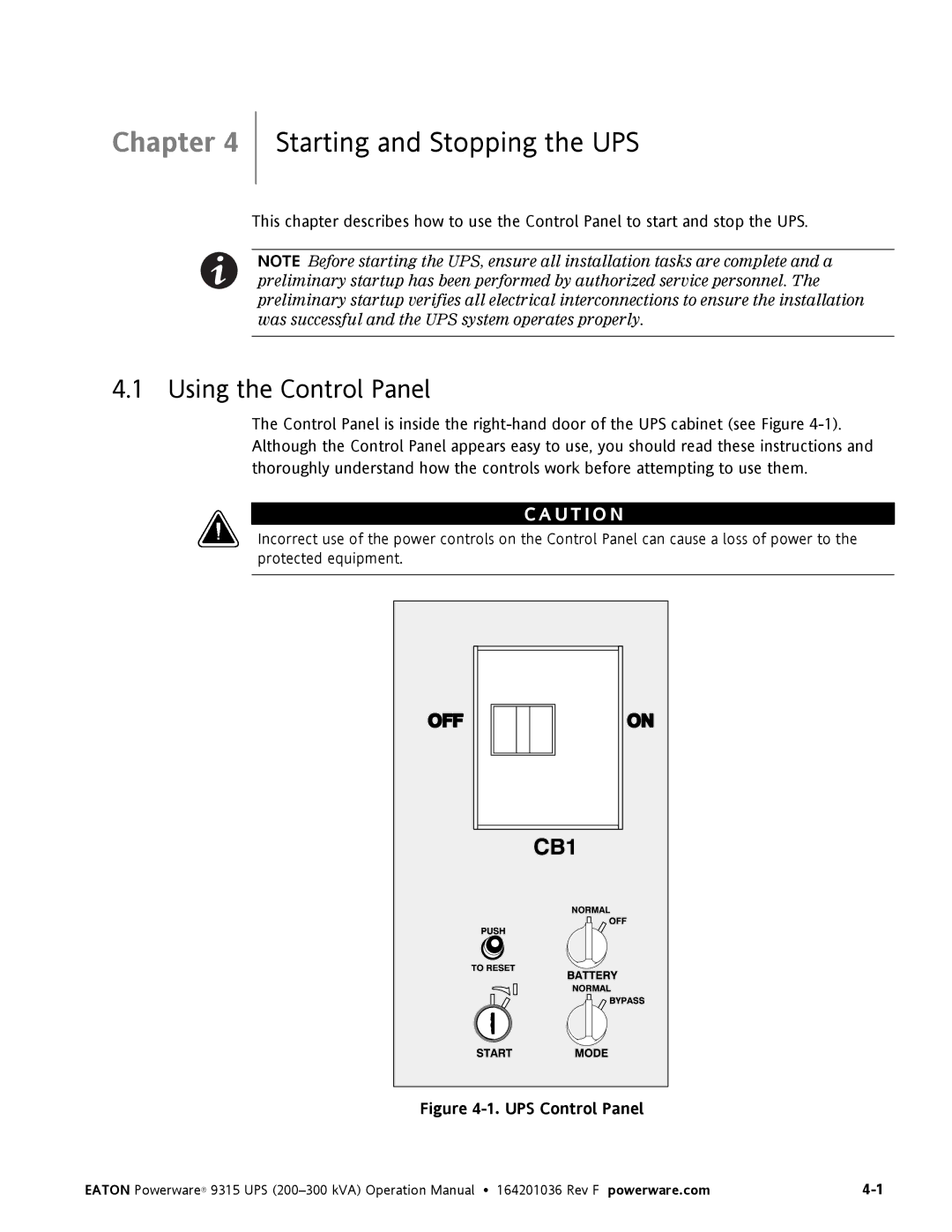 Eaton Electrical Powerware 9315 operation manual Starting and Stopping the UPS, Using the Control Panel 