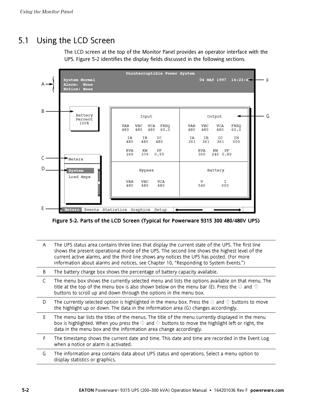 Eaton Electrical Powerware 9315 operation manual Using the LCD Screen, System Normal 04 MAY 142345 Alarm 