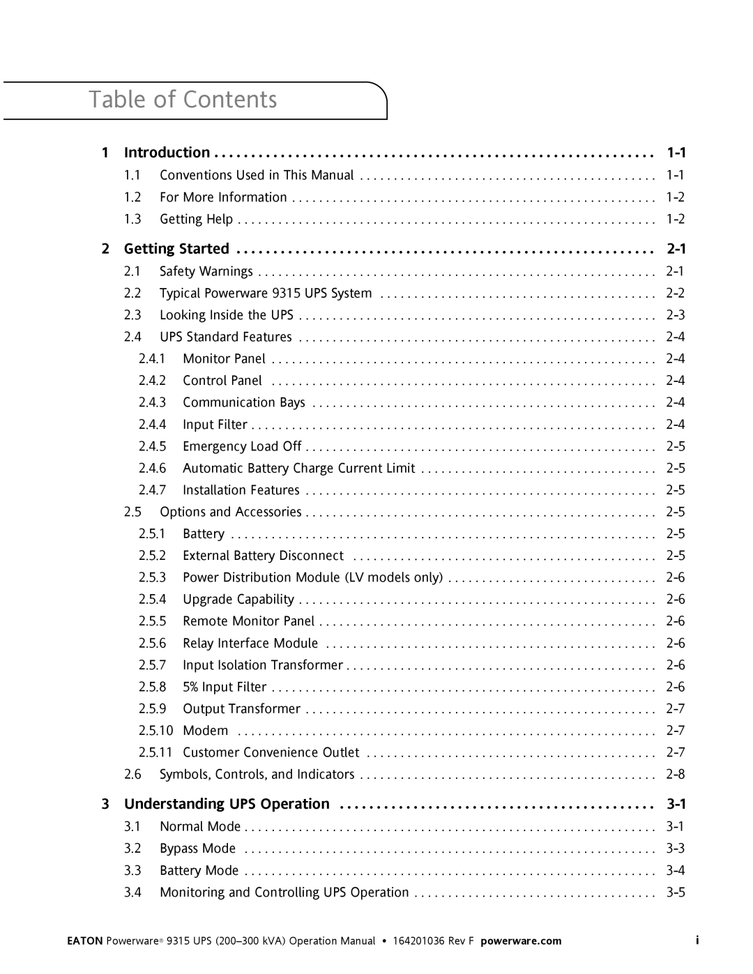 Eaton Electrical Powerware 9315 operation manual Table of Contents 