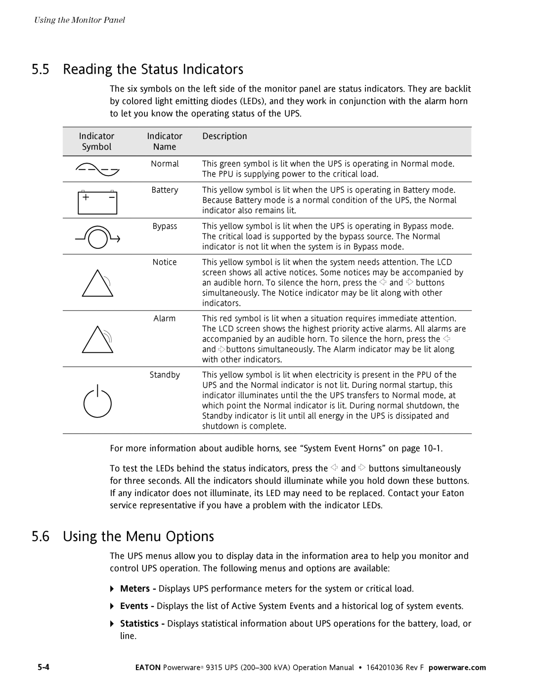 Eaton Electrical Powerware 9315 operation manual Reading the Status Indicators, Using the Menu Options 