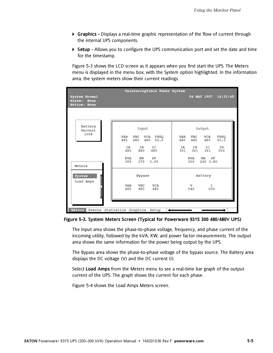 Eaton Electrical Powerware 9315 operation manual Shows the Load Amps Meters screen 