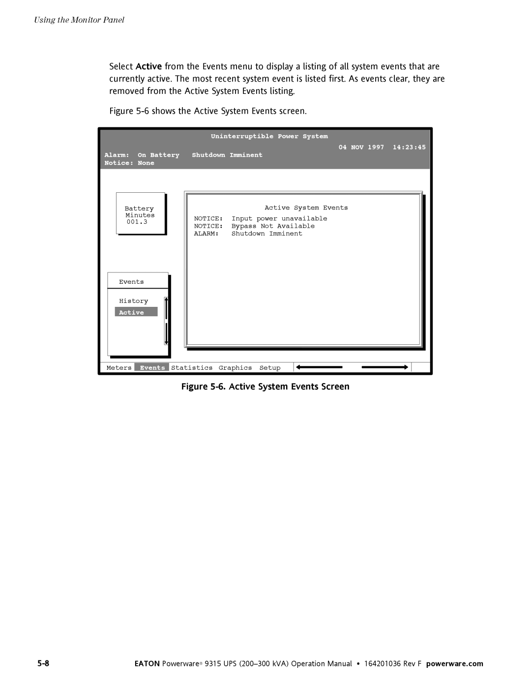 Eaton Electrical Powerware 9315 operation manual Active System Events Screen 