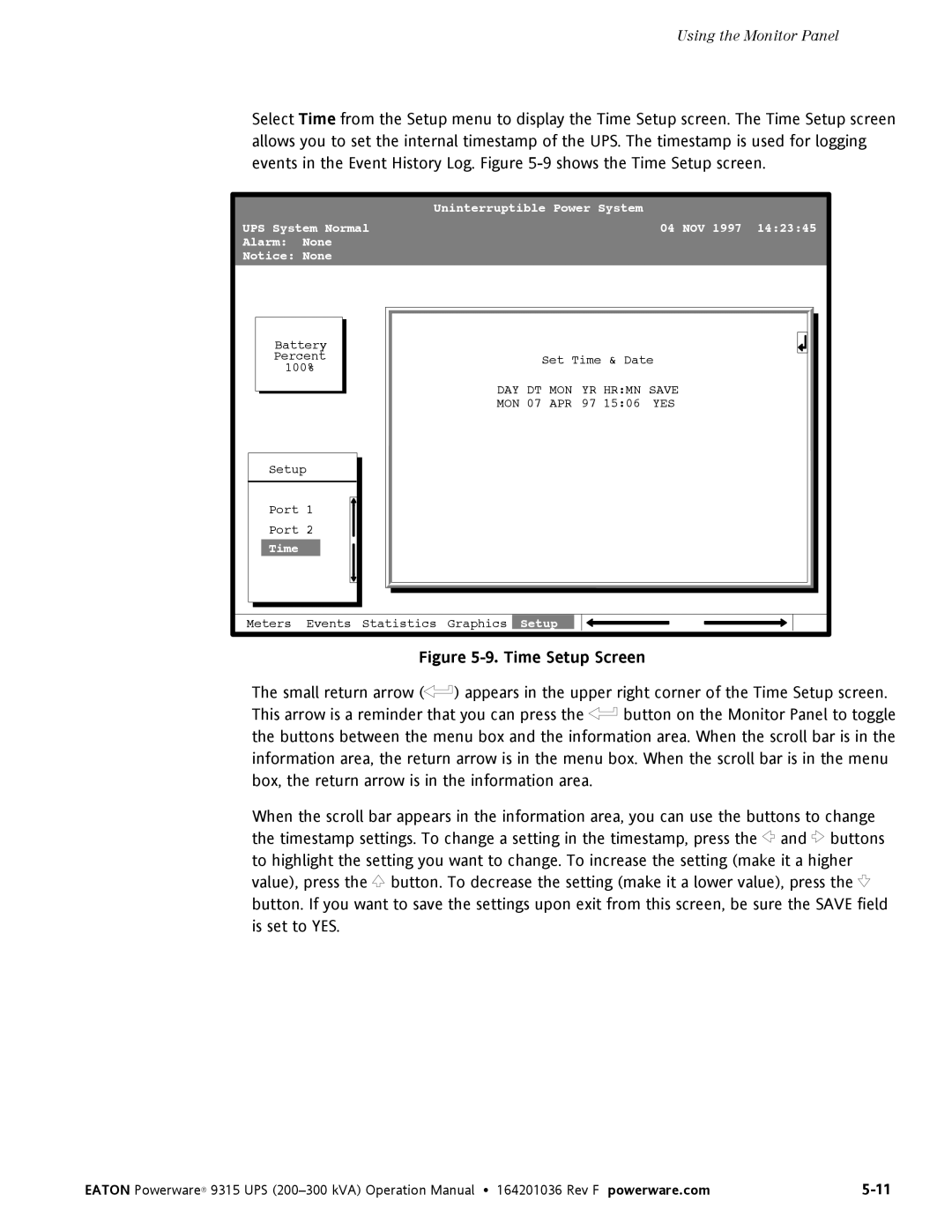 Eaton Electrical Powerware 9315 operation manual Time Setup Screen 