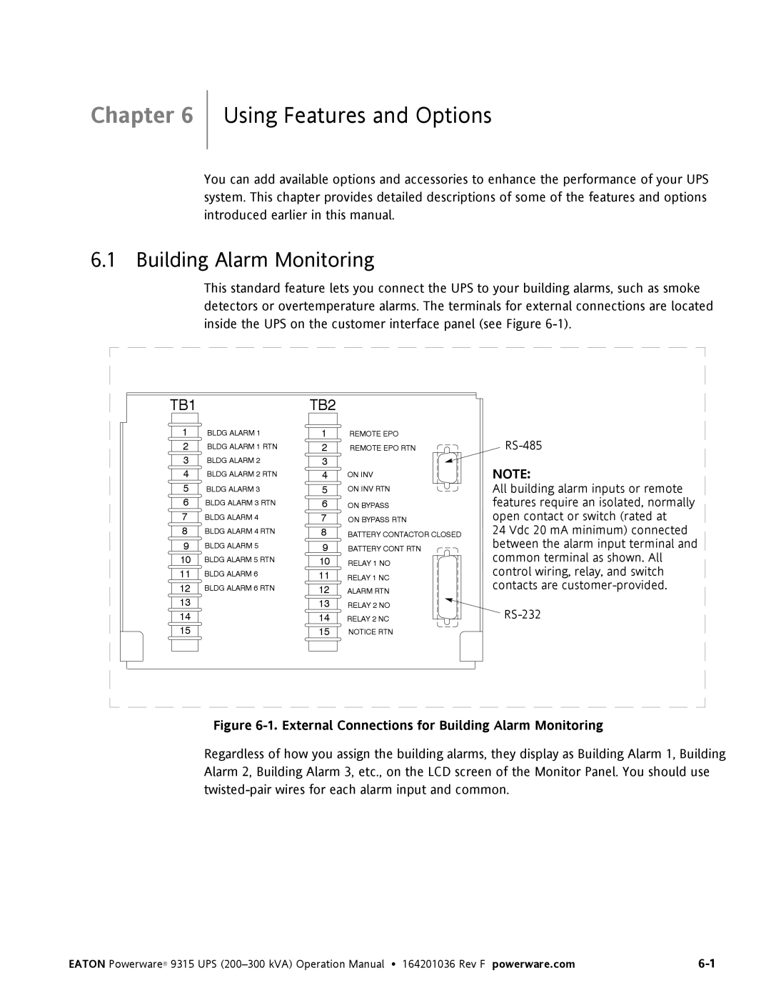 Eaton Electrical Powerware 9315 operation manual Using Features and Options, Building Alarm Monitoring 