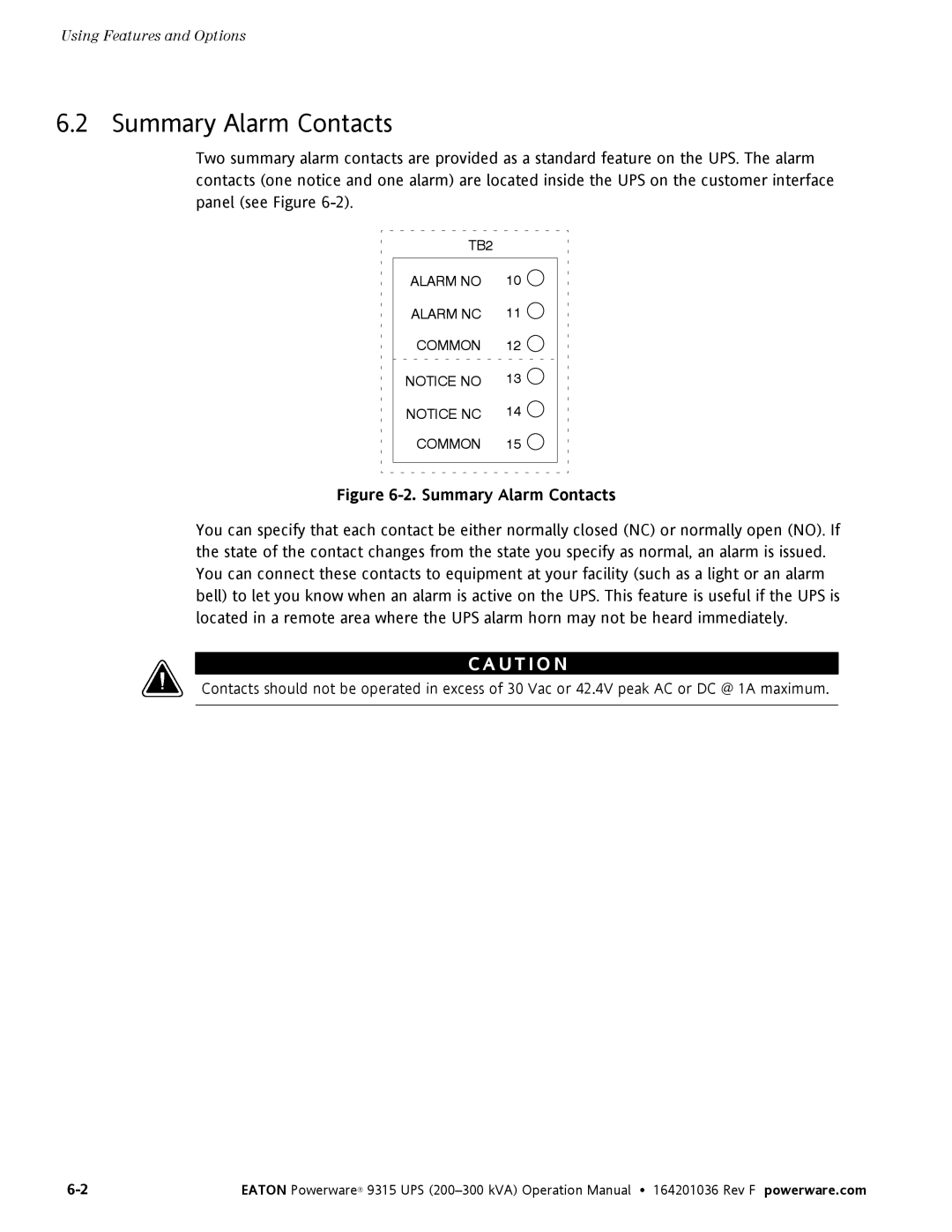 Eaton Electrical Powerware 9315 operation manual Summary Alarm Contacts 