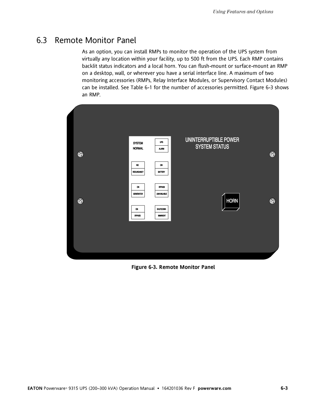 Eaton Electrical Powerware 9315 operation manual Remote Monitor Panel 