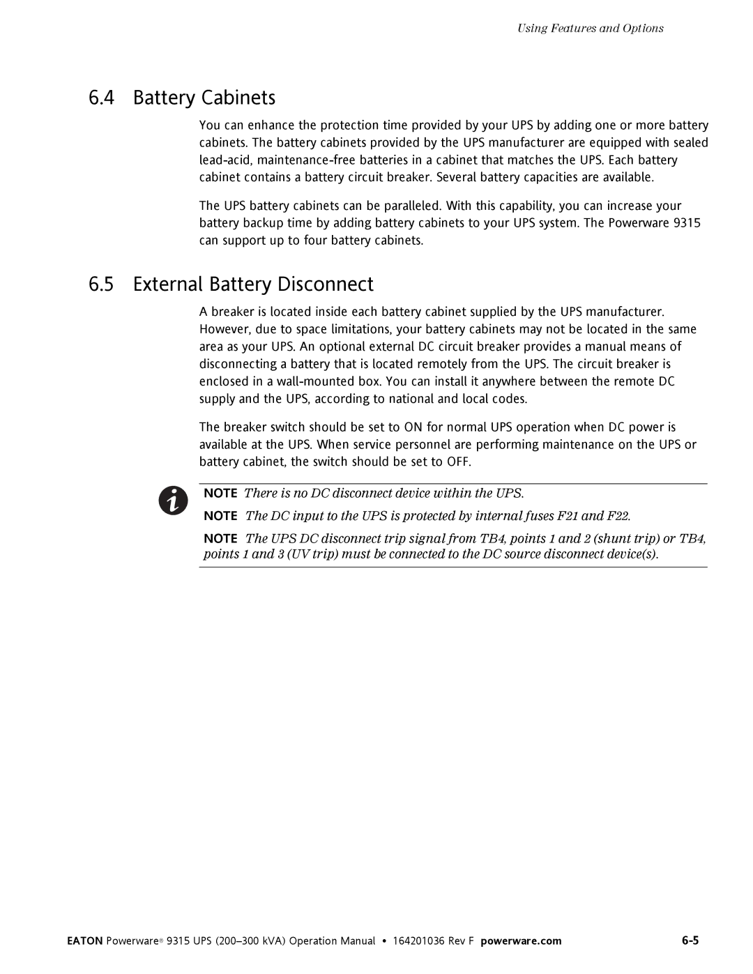 Eaton Electrical Powerware 9315 operation manual Battery Cabinets, External Battery Disconnect 