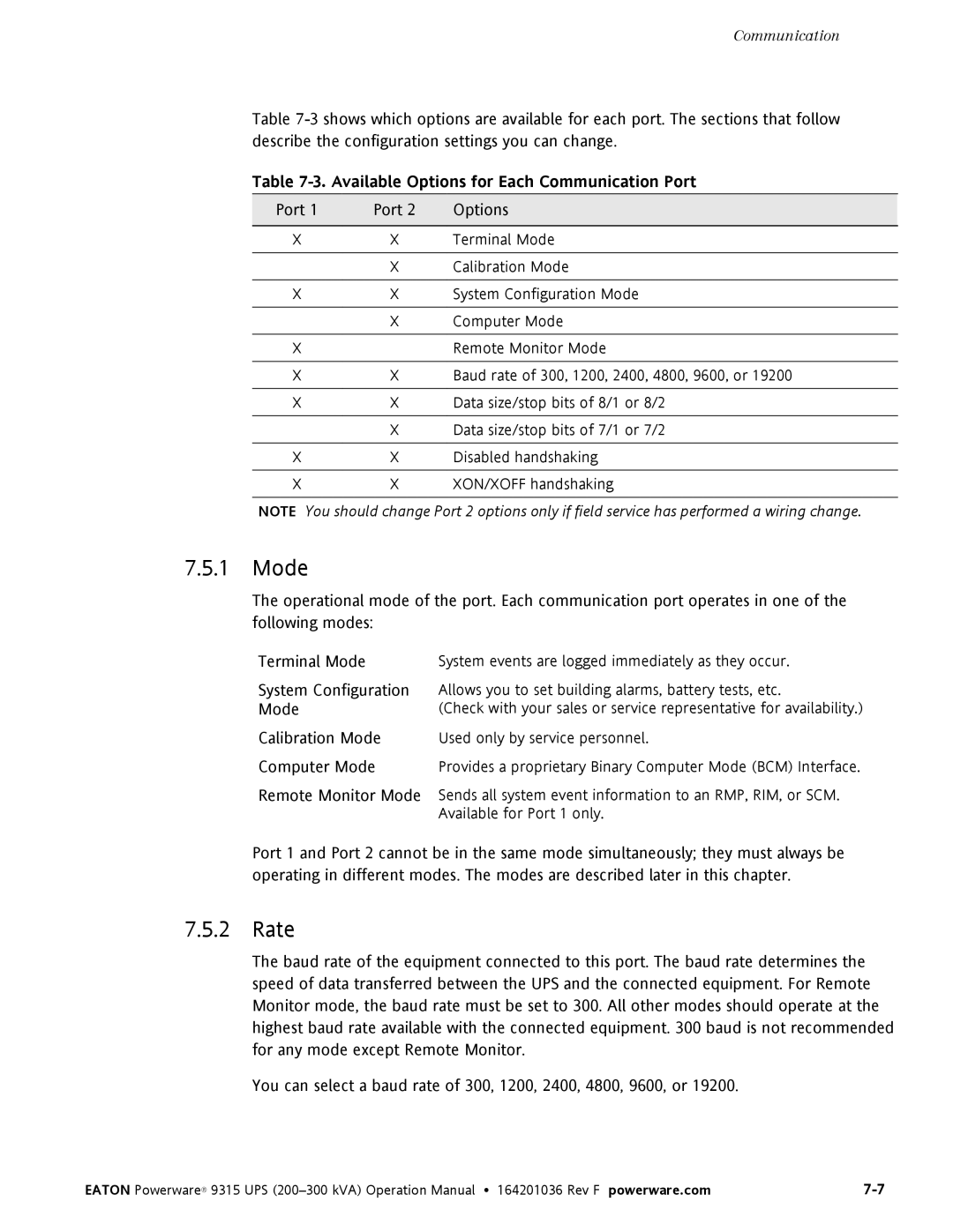 Eaton Electrical Powerware 9315 operation manual Mode, Rate 