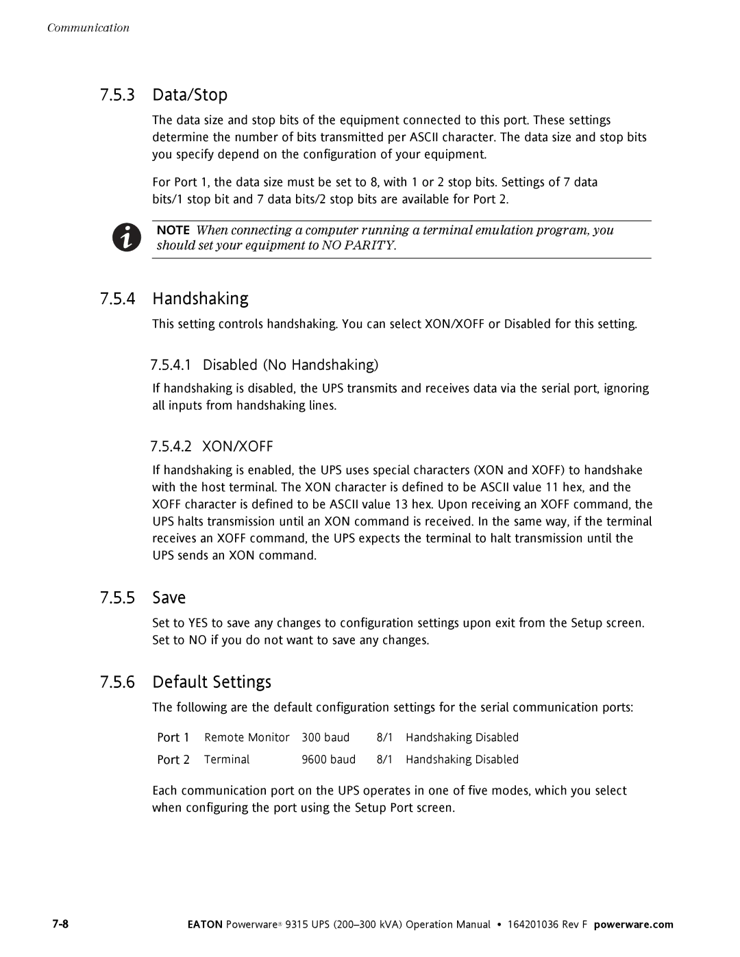 Eaton Electrical Powerware 9315 operation manual Data/Stop, Handshaking, Save, Default Settings 