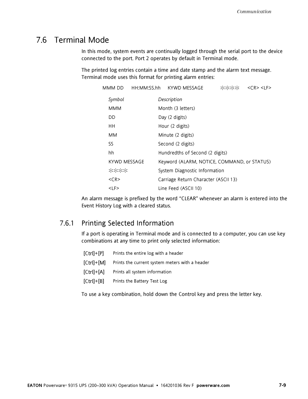 Eaton Electrical Powerware 9315 operation manual Terminal Mode, Printing Selected Information 