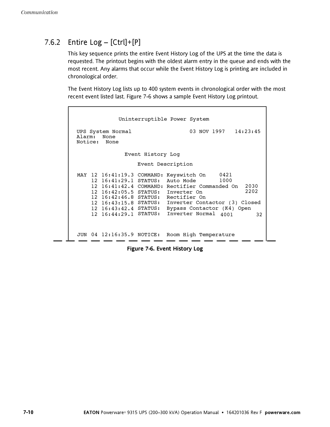 Eaton Electrical Powerware 9315 operation manual Entire Log Ctrl+P, Event History Log 