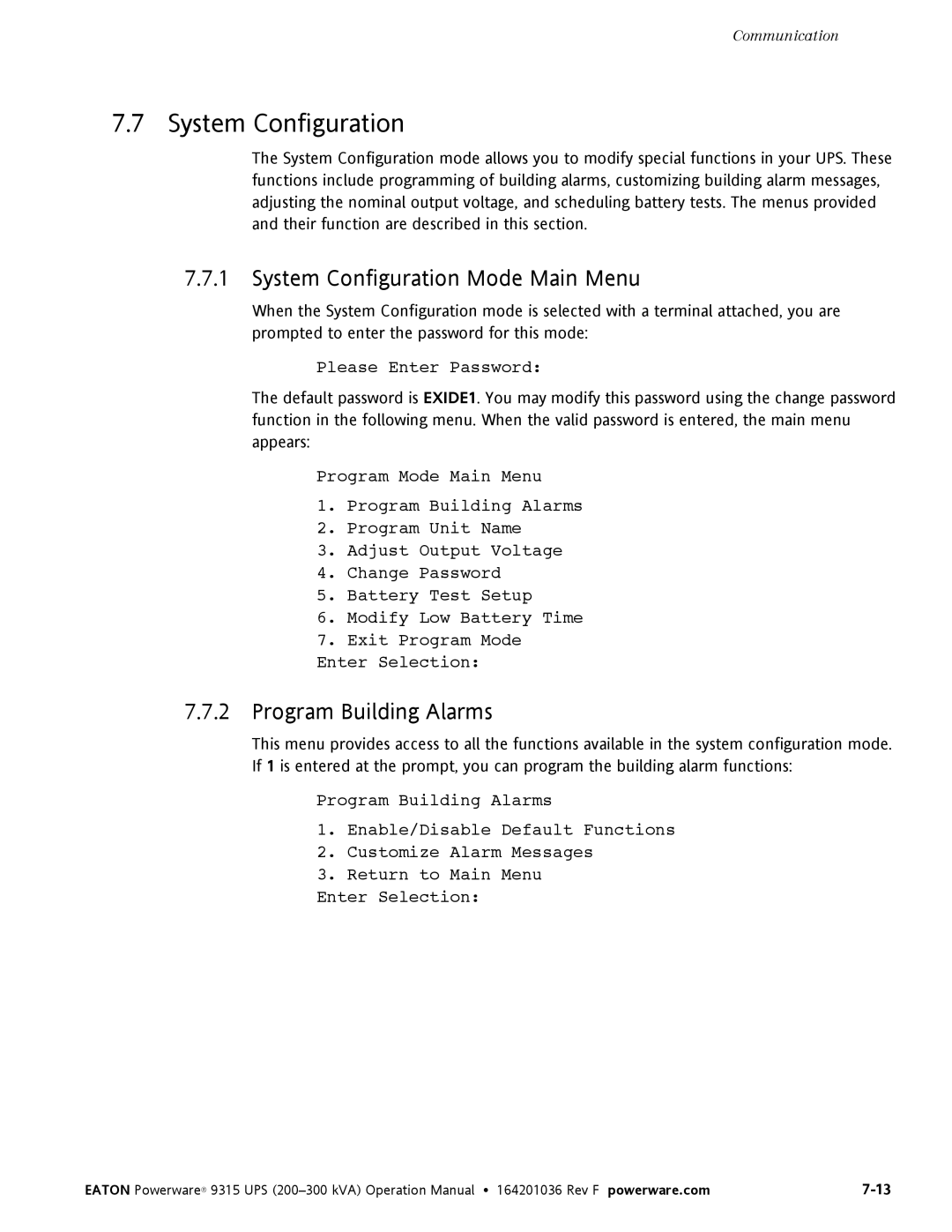 Eaton Electrical Powerware 9315 operation manual System Configuration Mode Main Menu, Program Building Alarms 