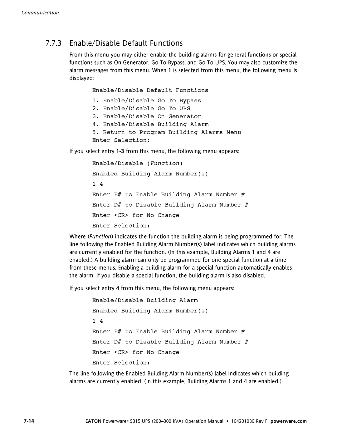 Eaton Electrical Powerware 9315 operation manual Enable/Disable Default Functions 