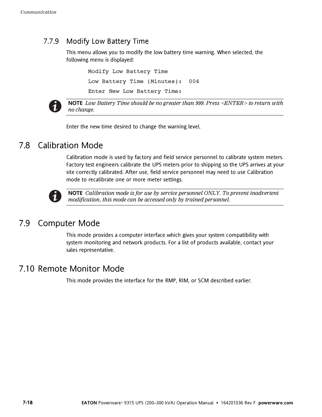 Eaton Electrical Powerware 9315 Calibration Mode, Computer Mode, Remote Monitor Mode, Modify Low Battery Time 