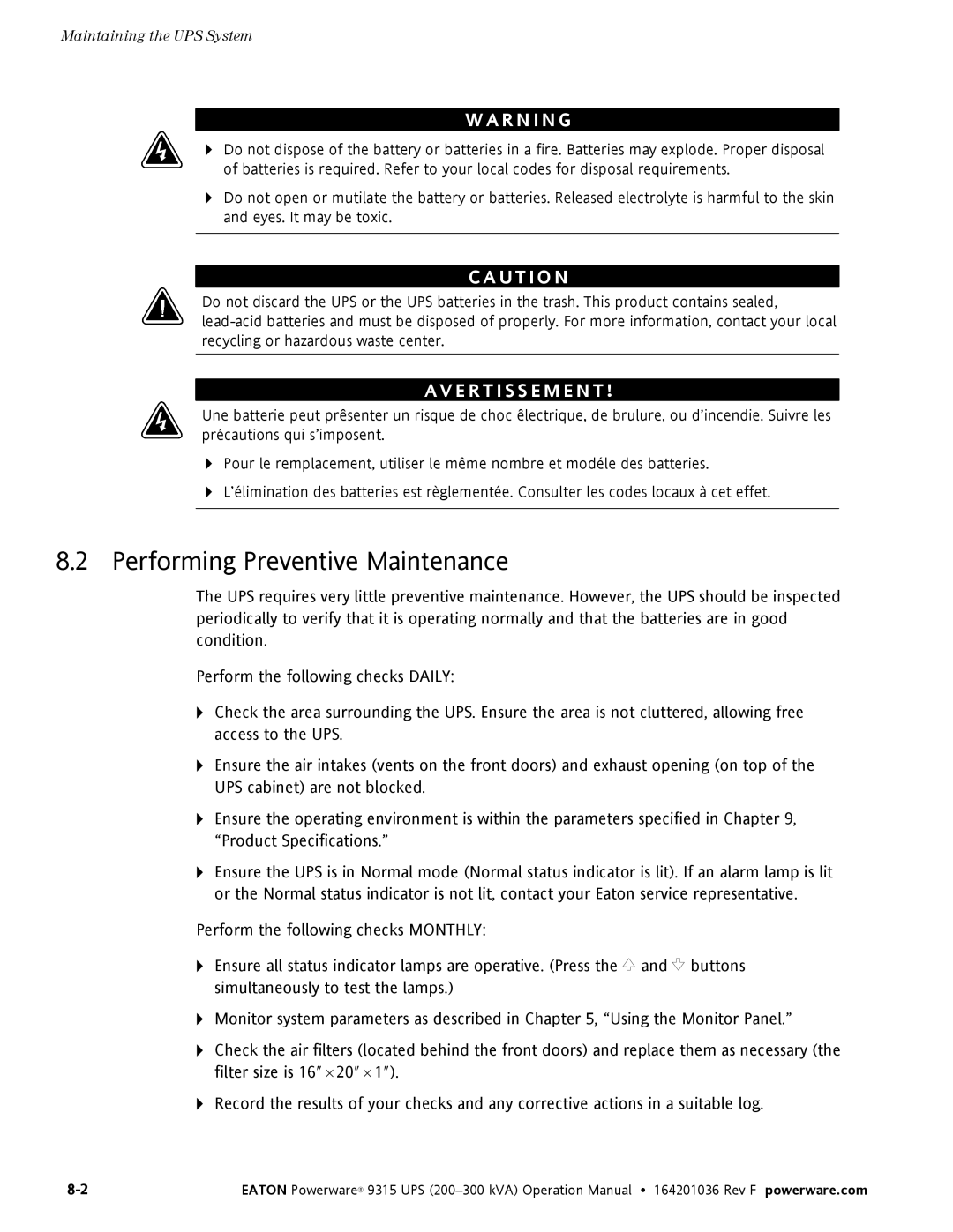 Eaton Electrical Powerware 9315 operation manual Performing Preventive Maintenance, E R T I S S E M E N T 