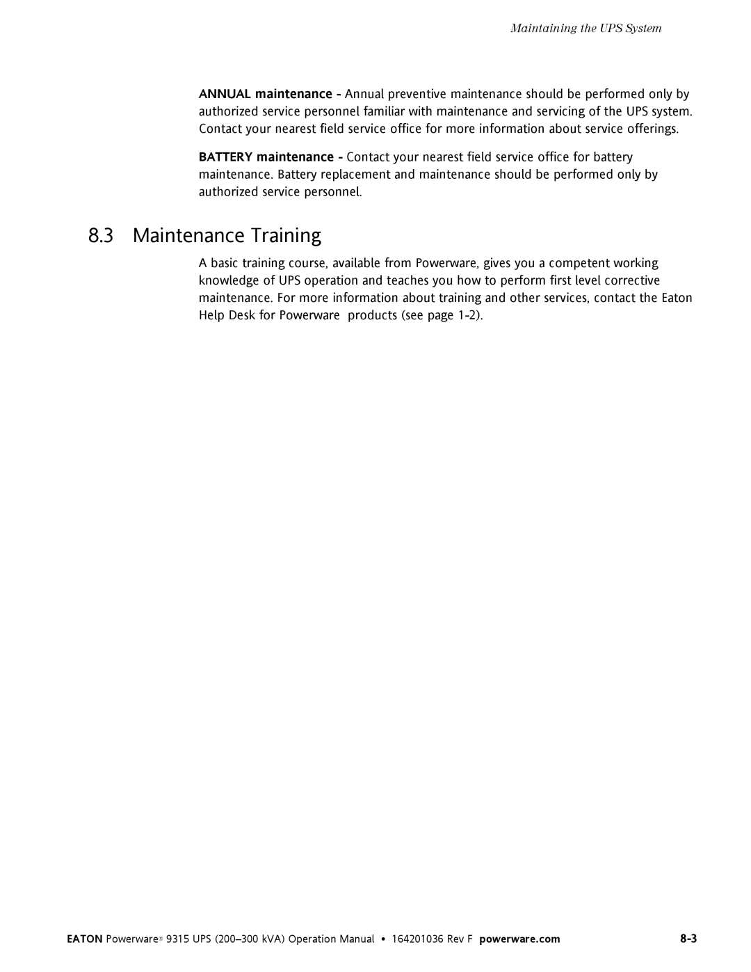 Eaton Electrical Powerware 9315 operation manual Maintenance Training 