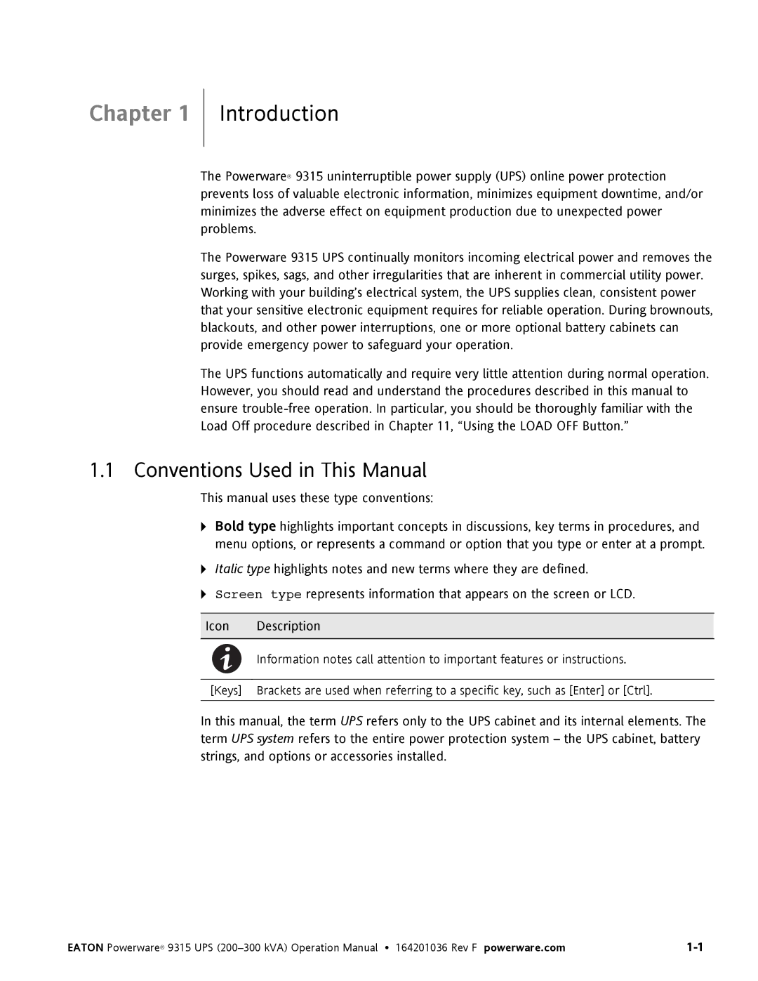 Eaton Electrical Powerware 9315 operation manual Introduction, Conventions Used in This Manual 