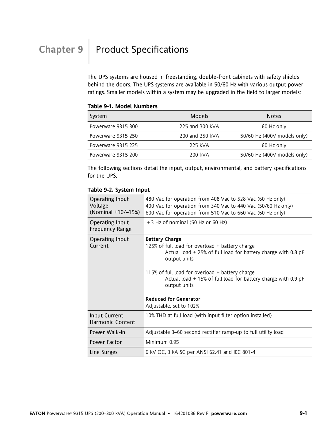 Eaton Electrical Powerware 9315 operation manual Product Specifications, Model Numbers 