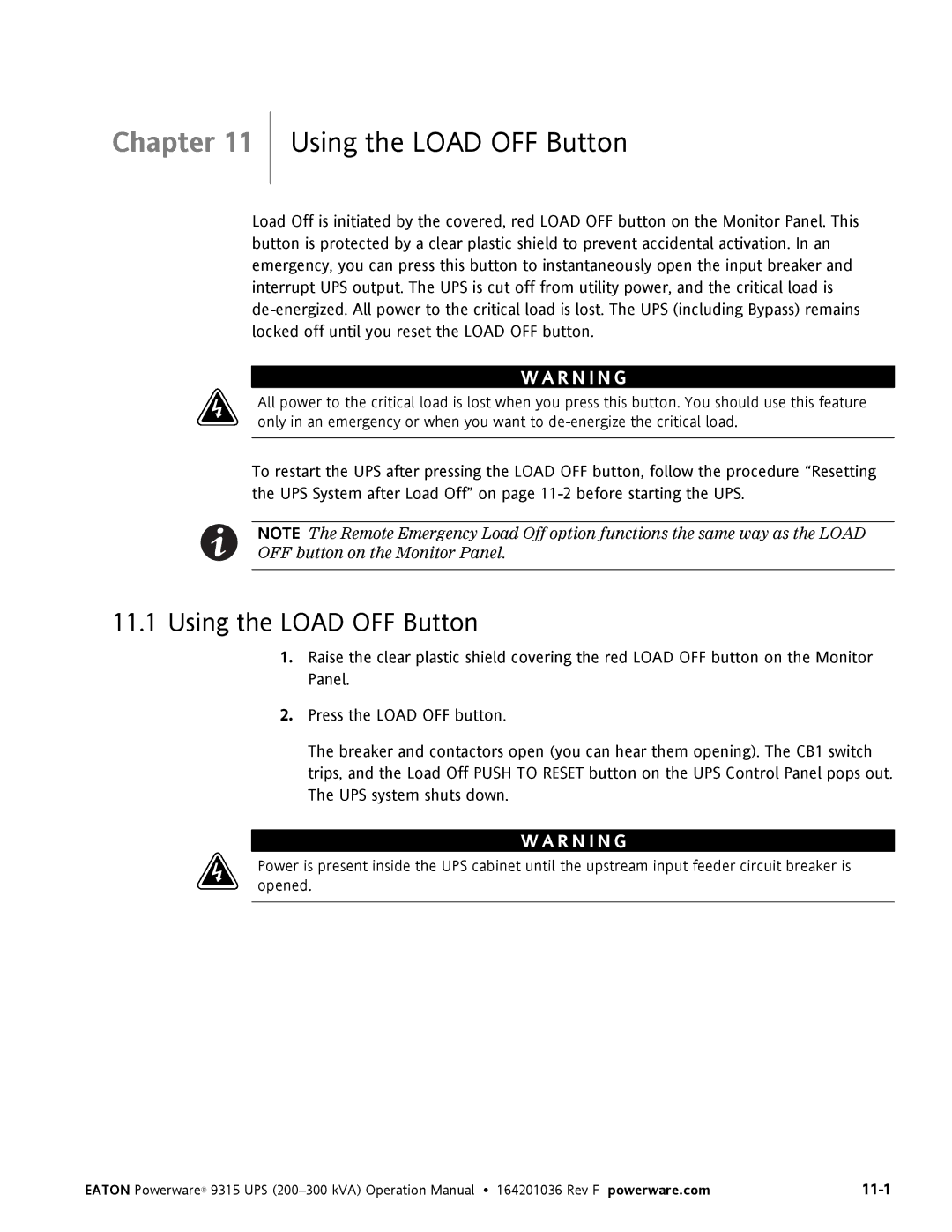 Eaton Electrical Powerware 9315 operation manual Using the Load OFF Button 