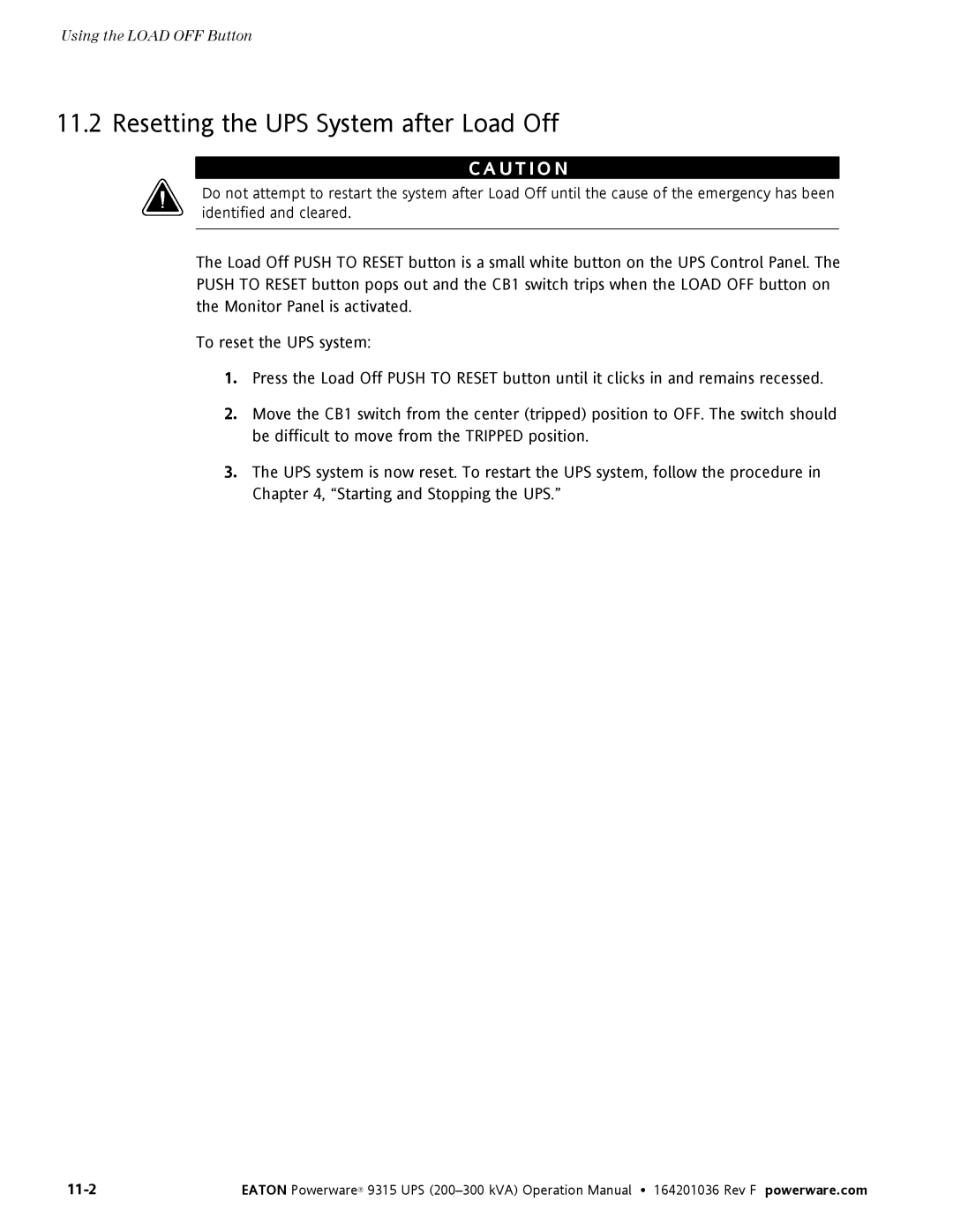 Eaton Electrical Powerware 9315 operation manual Resetting the UPS System after Load Off 