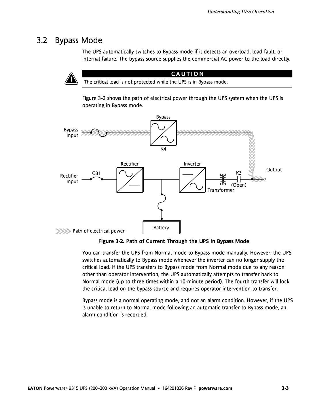 Eaton Electrical Powerware 9315 operation manual C A U T I O N, 2. Path of Current Through the UPS in Bypass Mode 
