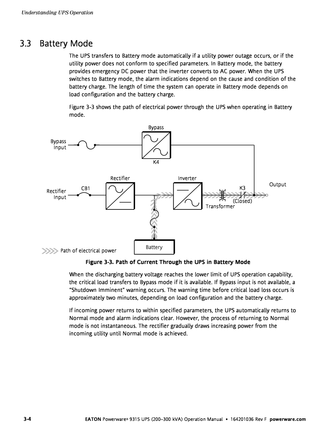 Eaton Electrical Powerware 9315 operation manual 3. Path of Current Through the UPS in Battery Mode 