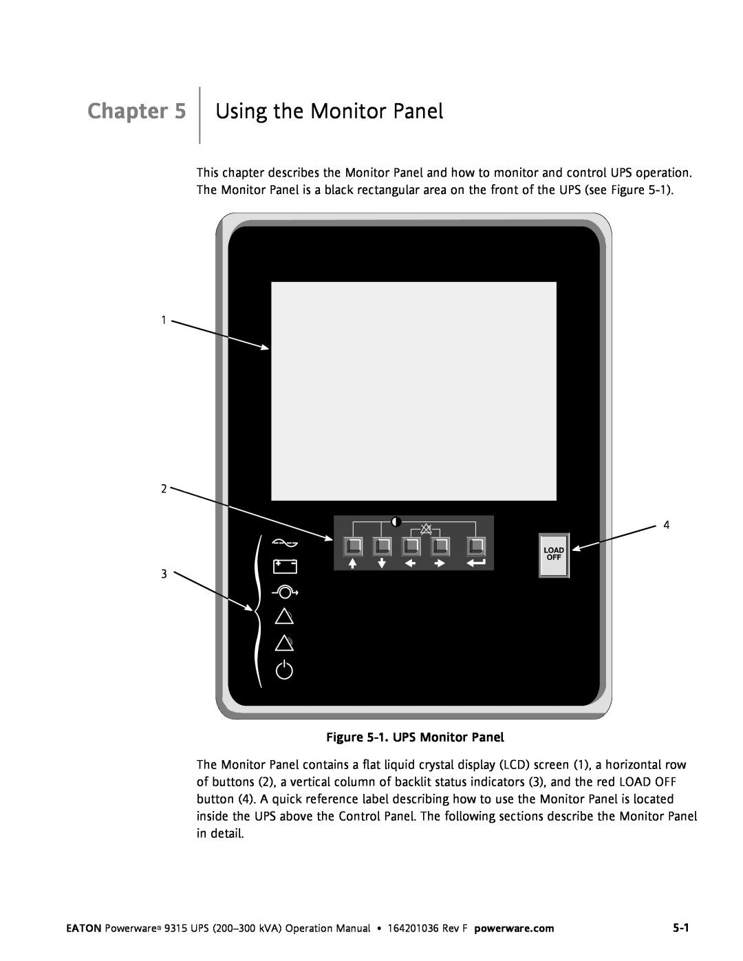 Eaton Electrical Powerware 9315 operation manual Using the Monitor Panel, Chapter, 1. UPS Monitor Panel 
