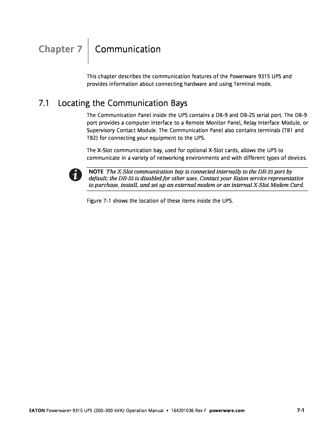 Eaton Electrical Powerware 9315 operation manual Locating the Communication Bays, Chapter 