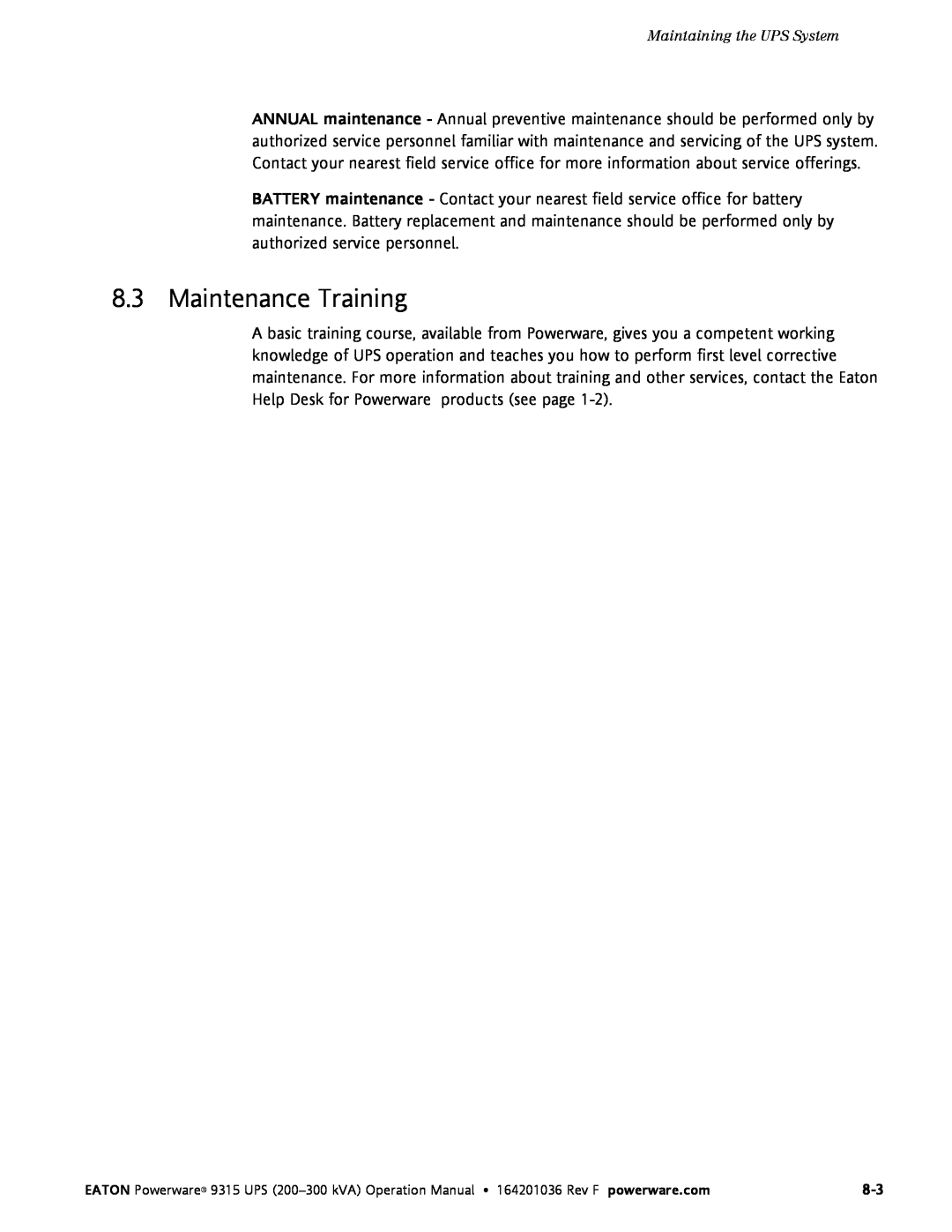 Eaton Electrical Powerware 9315 operation manual Maintenance Training 
