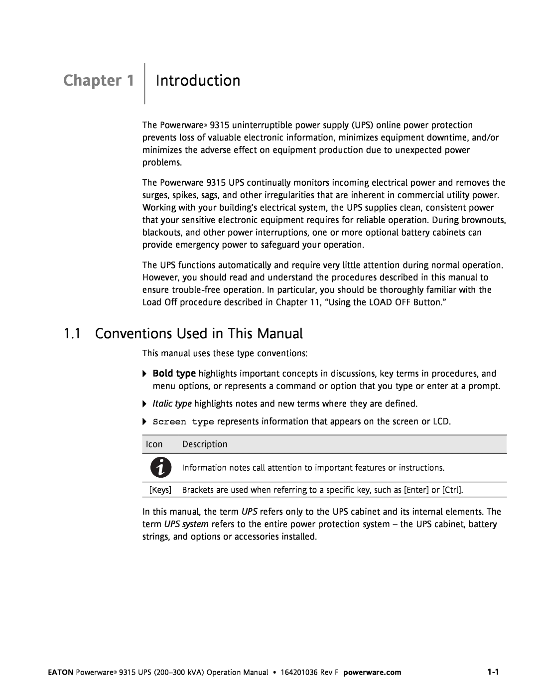 Eaton Electrical Powerware 9315 operation manual Chapter, Introduction, Conventions Used in This Manual 