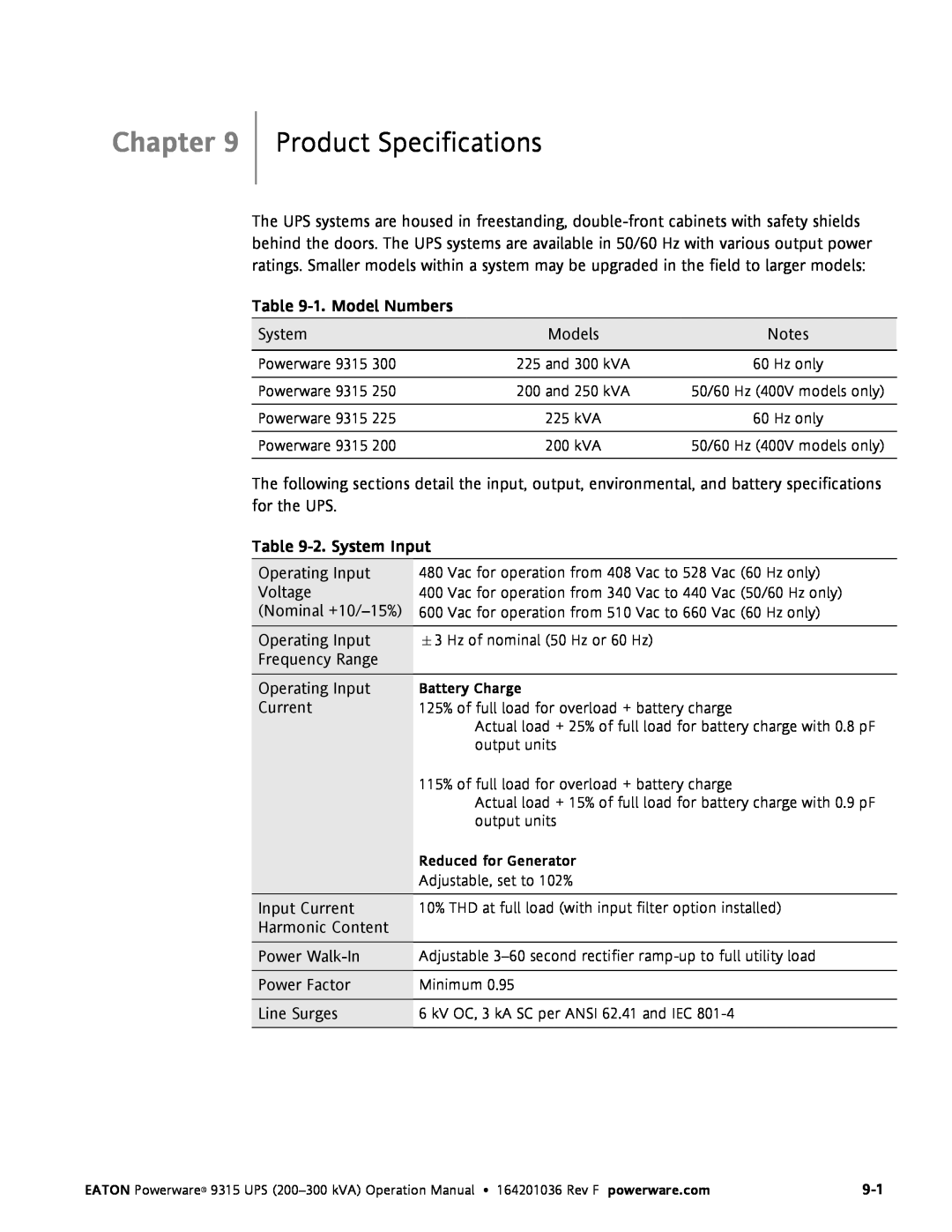 Eaton Electrical Powerware 9315 operation manual Product Specifications, Chapter, 1. Model Numbers, 2. System Input 