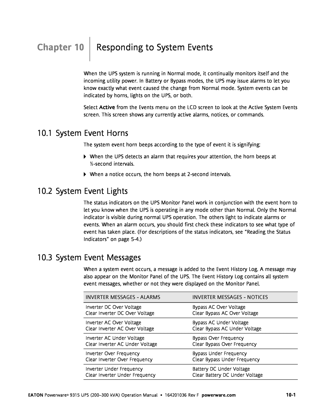 Eaton Electrical Powerware 9315 Responding to System Events, System Event Horns, System Event Lights, Chapter 