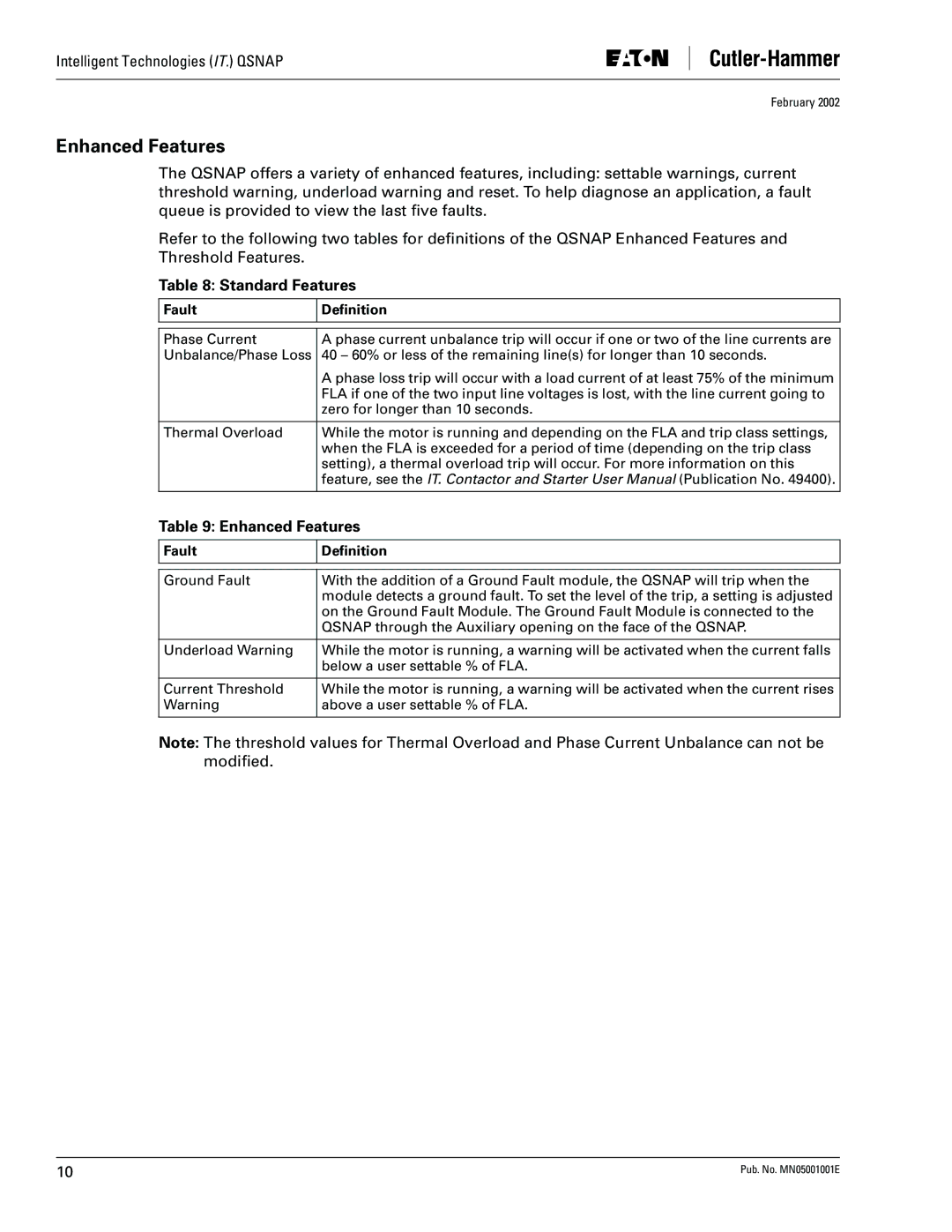 Eaton Electrical QSNAP user manual Enhanced Features, Standard Features, Fault Deﬁnition 