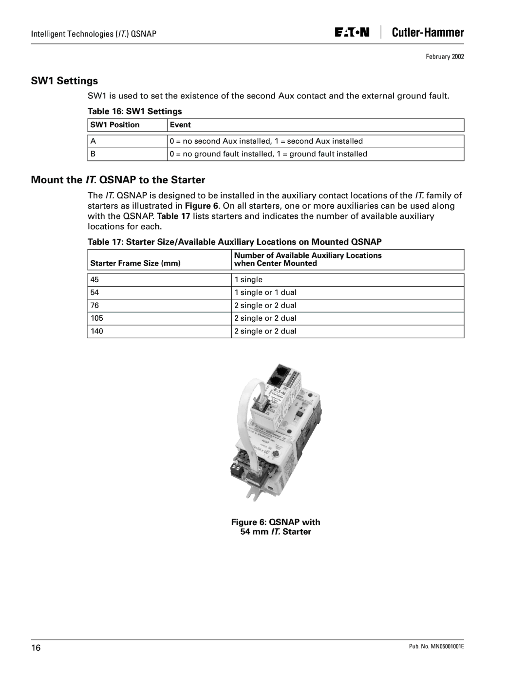 Eaton Electrical QSNAP user manual SW1 Settings, Mount the IT. Qsnap to the Starter 