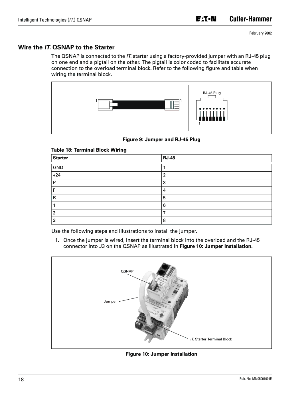 Eaton Electrical QSNAP user manual Wire the IT. Qsnap to the Starter, Terminal Block Wiring, Starter RJ-45 