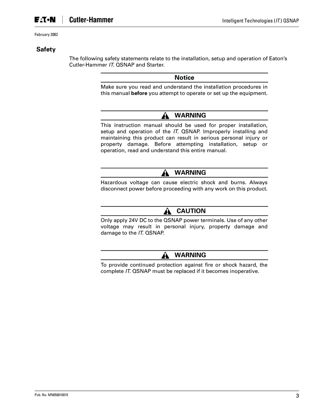 Eaton Electrical QSNAP user manual Safety 