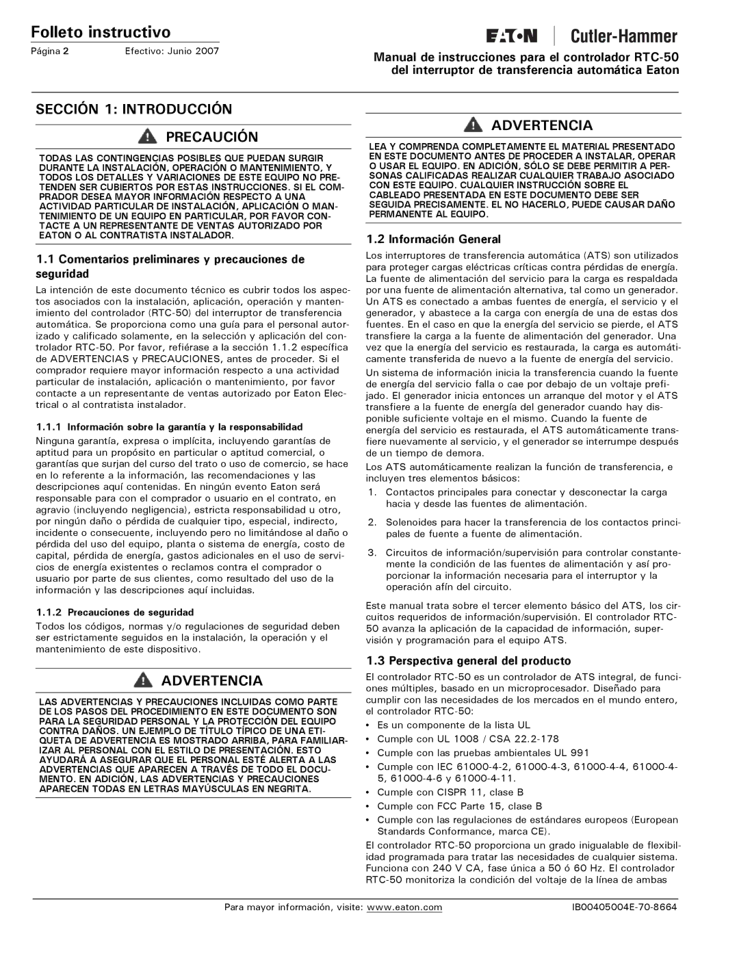 Eaton Electrical RTC-50 instruction manual Sección 1 Introducción Precaución, Advertencia, Información General 