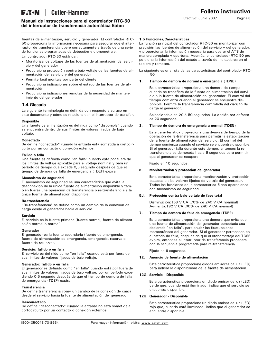 Eaton Electrical RTC-50 instruction manual Glosario 