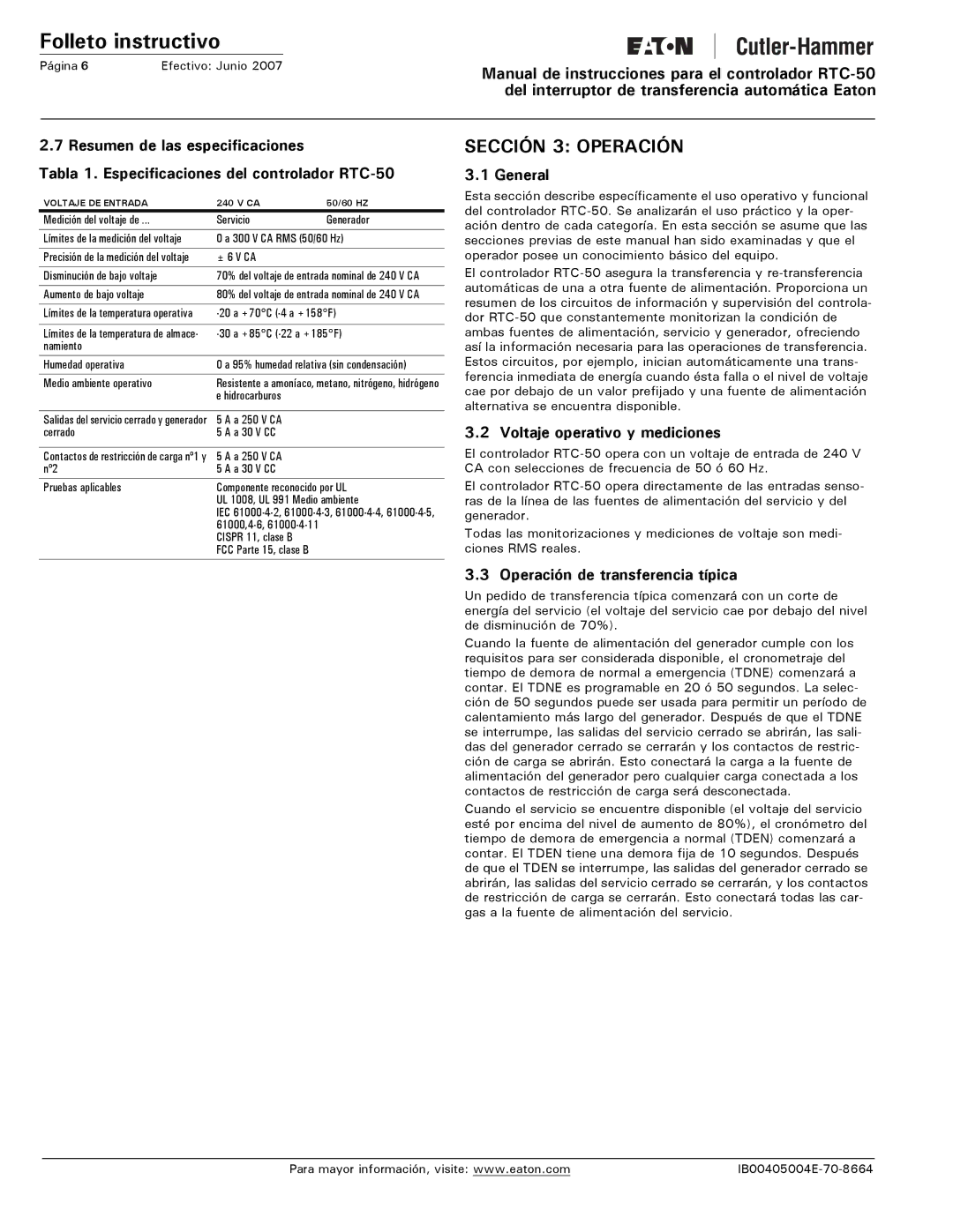 Eaton Electrical RTC-50 Sección 3 Operación, Voltaje operativo y mediciones, Operación de transferencia típica 