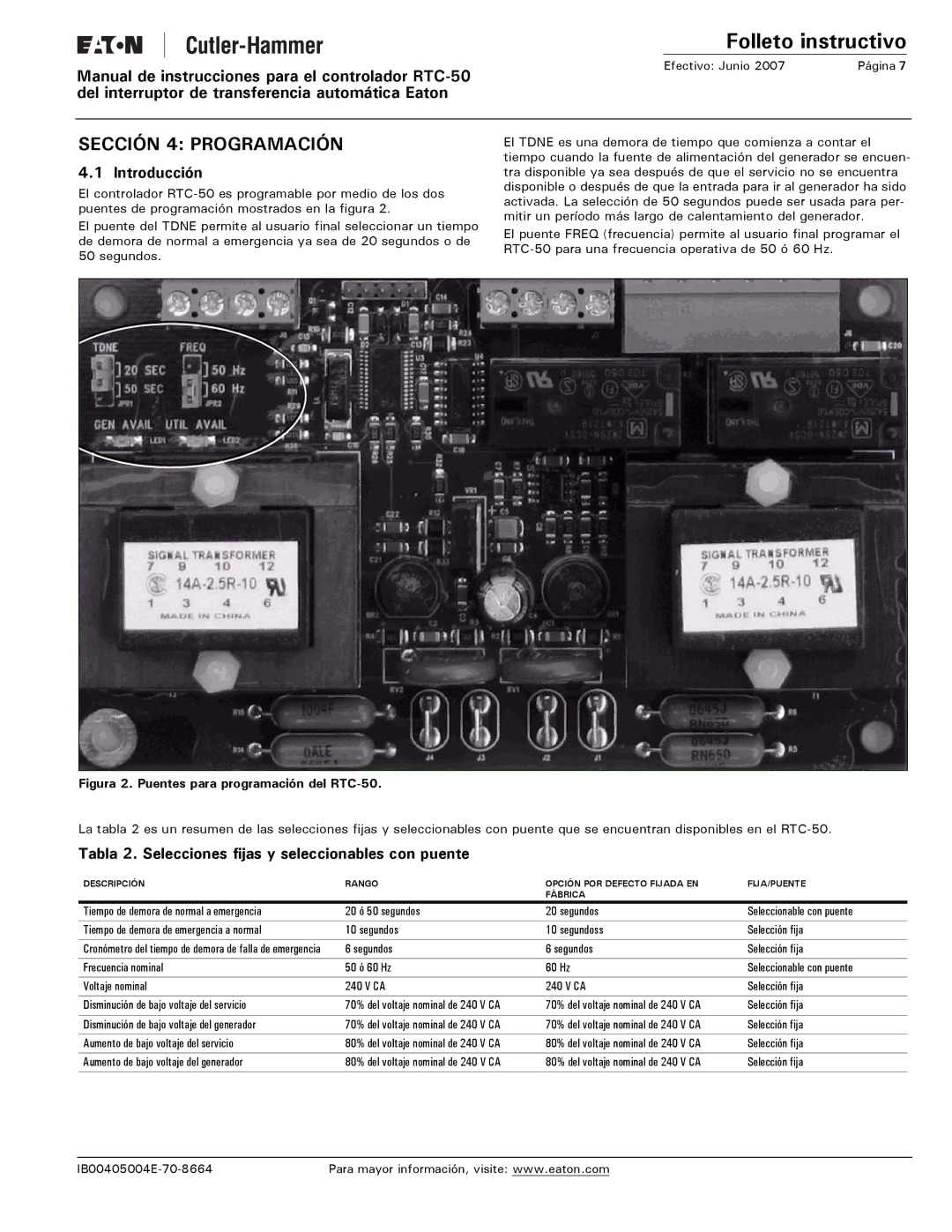 Eaton Electrical RTC-50 Sección 4 Programación, Introducción, Tabla 2. Selecciones fijas y seleccionables con puente 