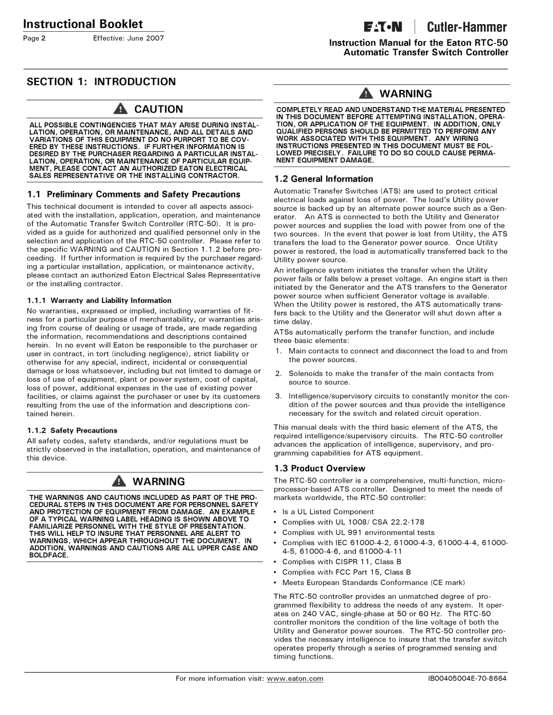 Eaton Electrical RTC-50 Introduction, Preliminary Comments and Safety Precautions, General Information, Product Overview 