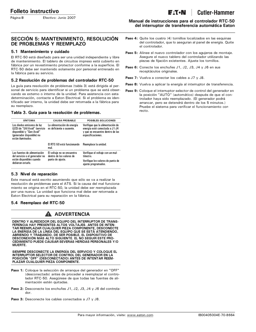 Eaton Electrical Manual de instrucciones para el controlador RTC-50, Mantenimiento y cuidado, Nivel de reparación 