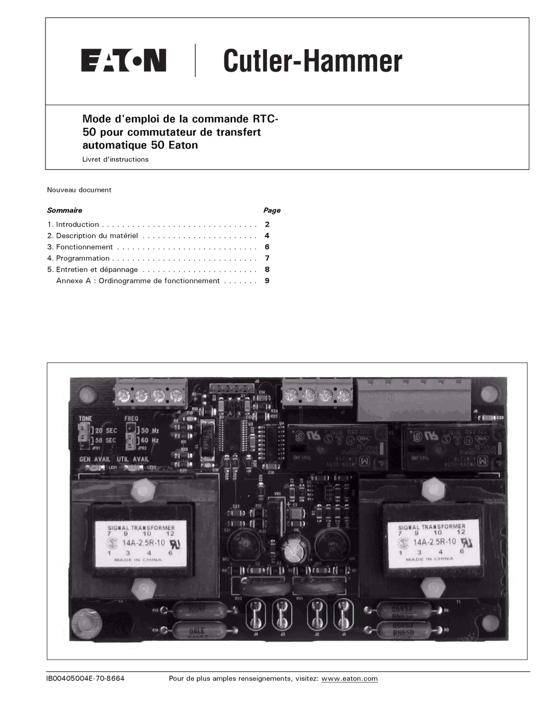 Eaton Electrical RTC-50 instruction manual Sommaire 