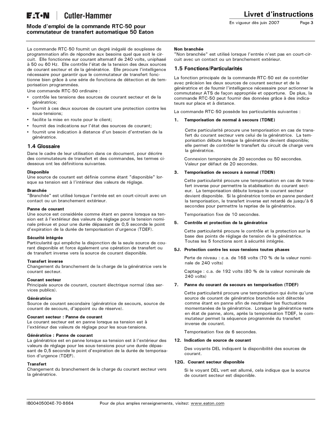 Eaton Electrical RTC-50 instruction manual Glossaire, Fonctions/Particularités 