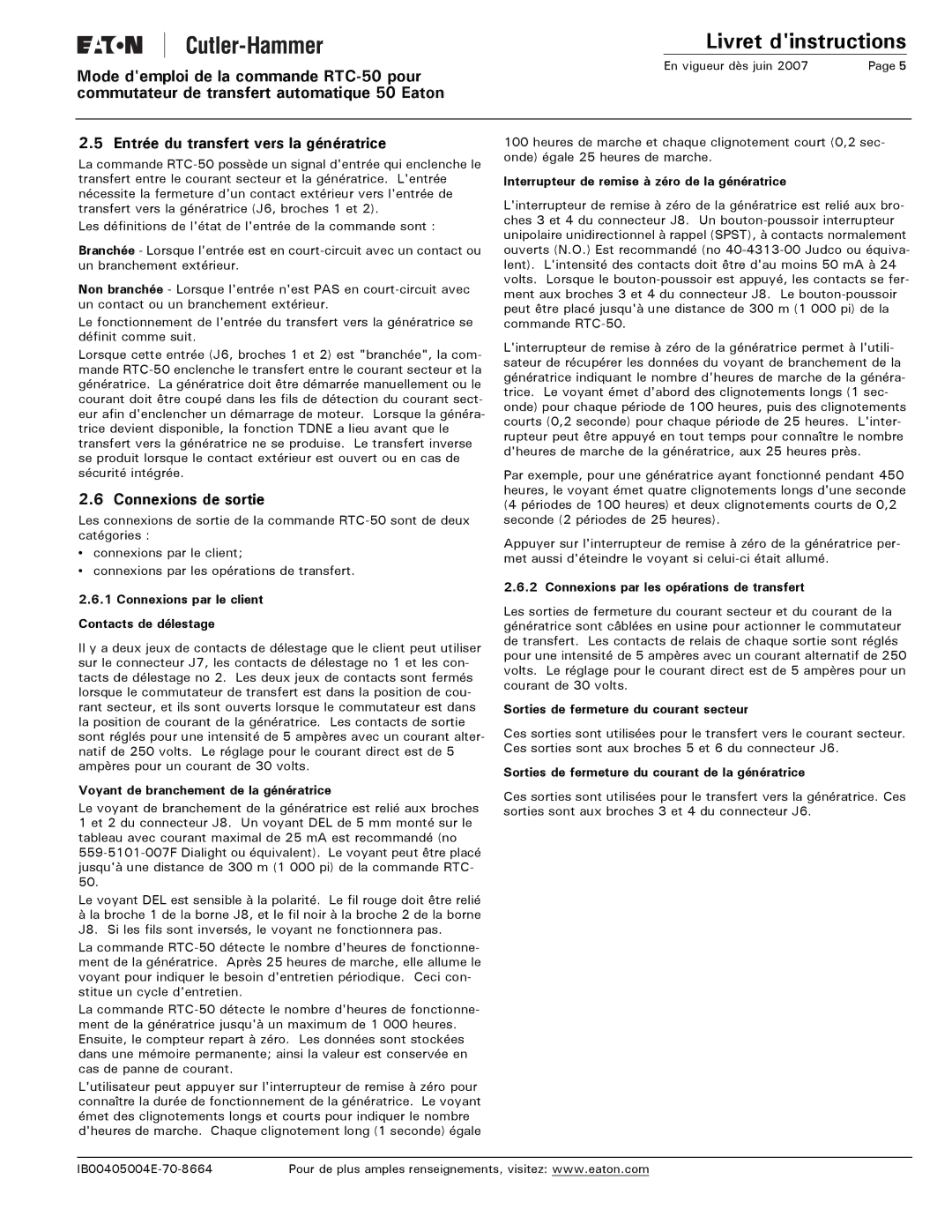 Eaton Electrical RTC-50 instruction manual Entrée du transfert vers la génératrice, Connexions de sortie 