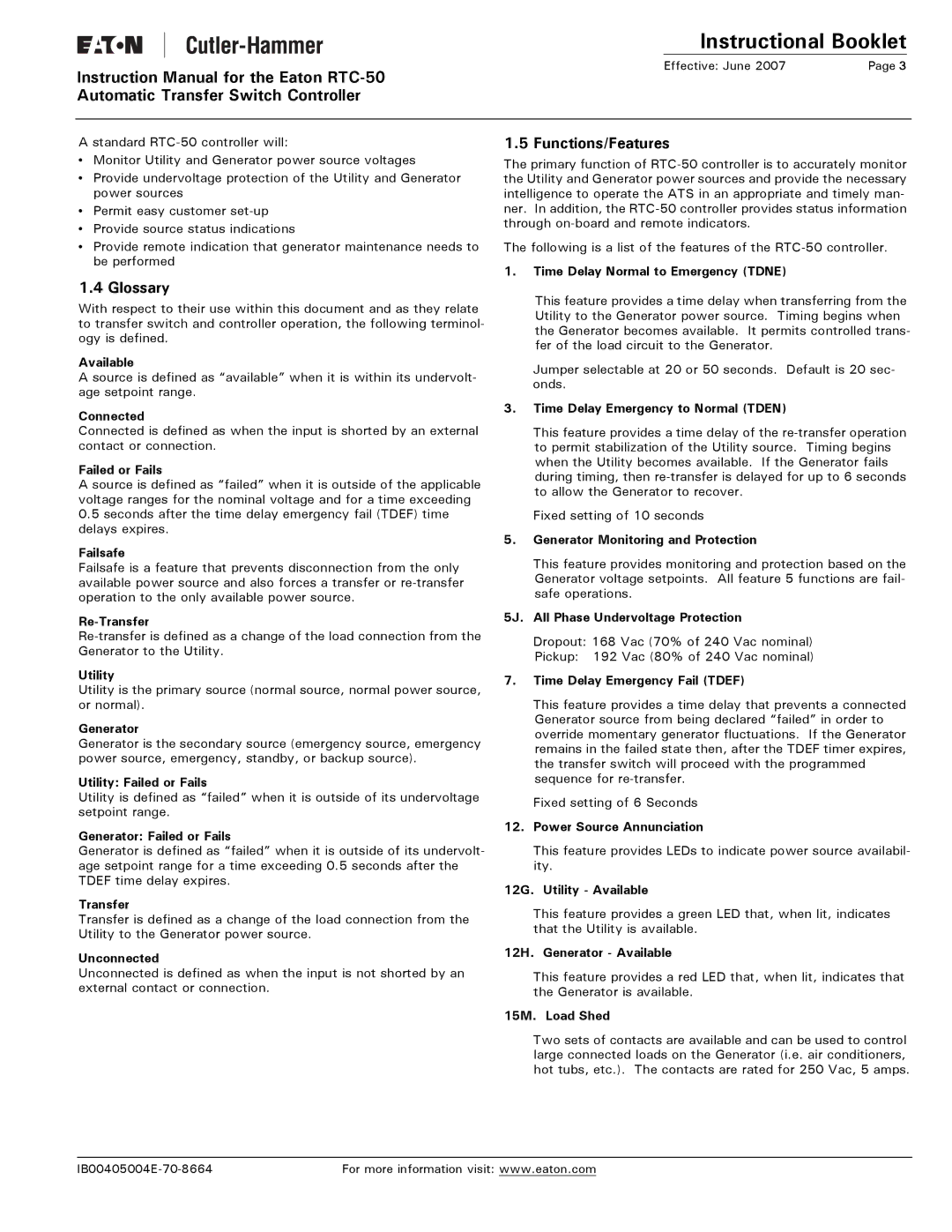 Eaton Electrical RTC-50 instruction manual Glossary, Functions/Features 