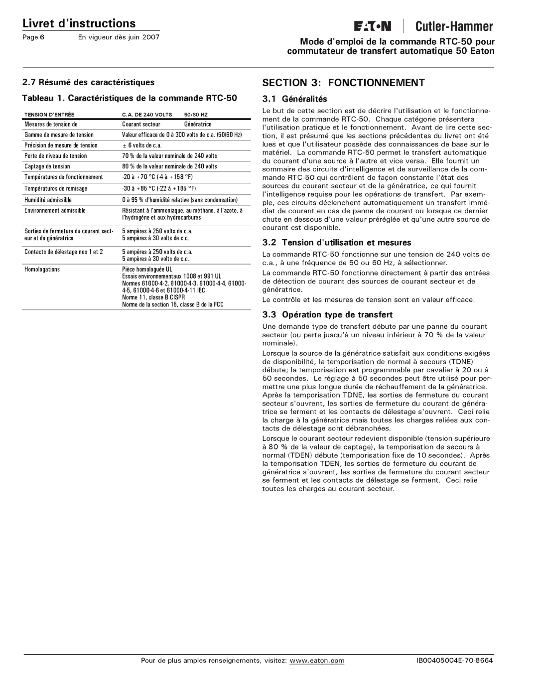 Eaton Electrical RTC-50 instruction manual Fonctionnement, Tension dutilisation et mesures, Opération type de transfert 