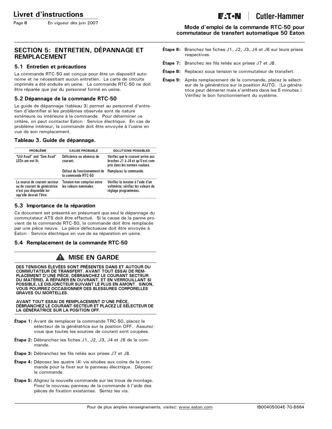 Eaton Electrical RTC-50 instruction manual ENTRETIEN, Dépannage ET Remplacement 