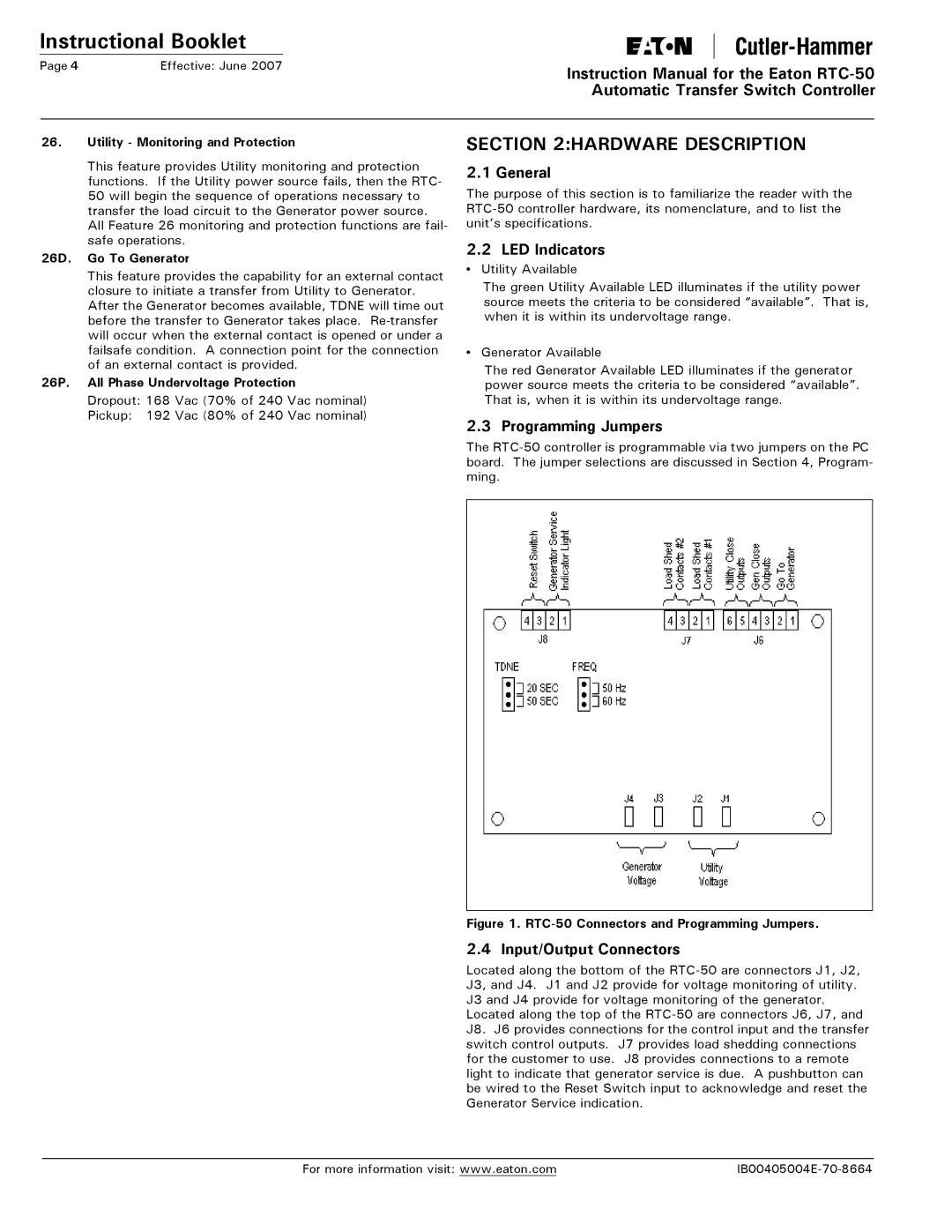 Eaton Electrical RTC-50 Hardware Description, General, LED Indicators, Programming Jumpers, Input/Output Connectors 