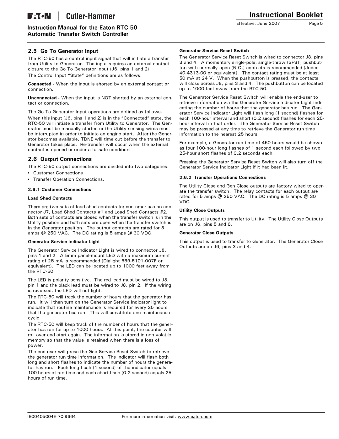 Eaton Electrical RTC-50 instruction manual Go To Generator Input, Output Connections 